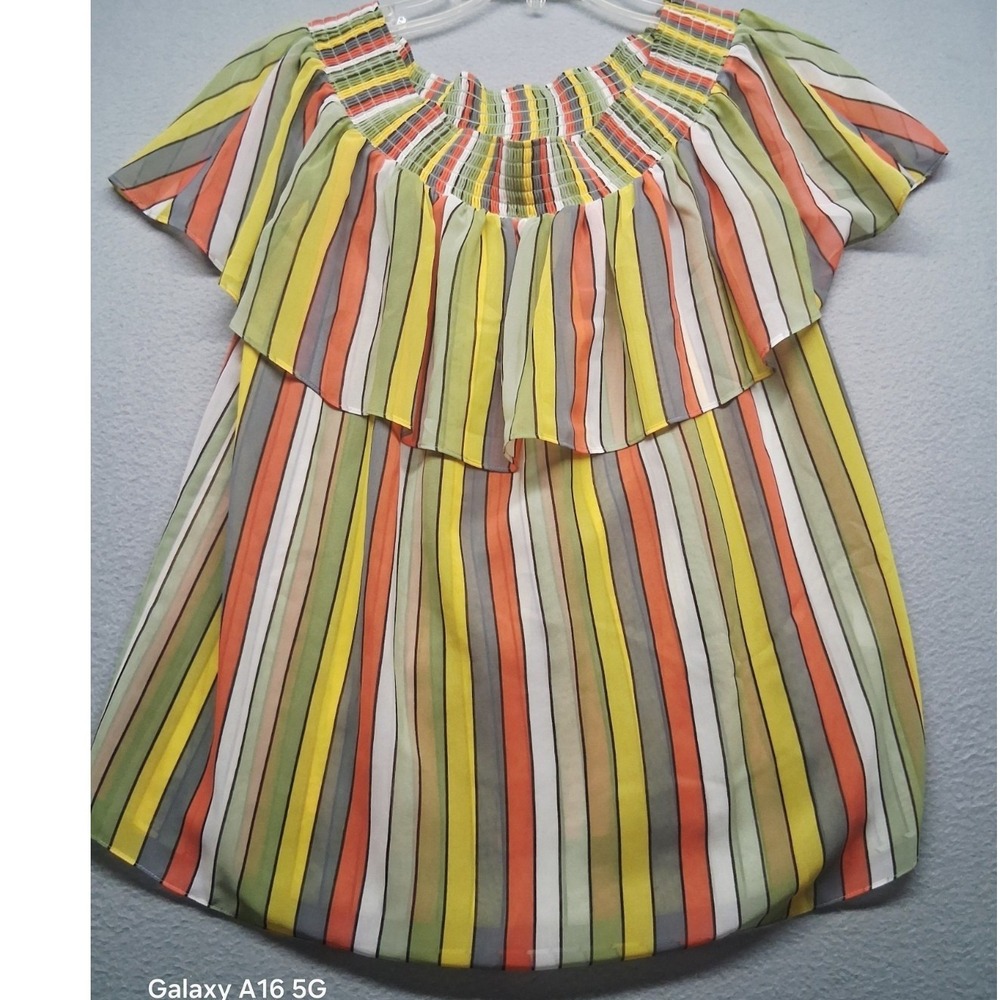 Cabi Women's Short Sleeve Stripe Lace Top Off Shoulder Style Size M